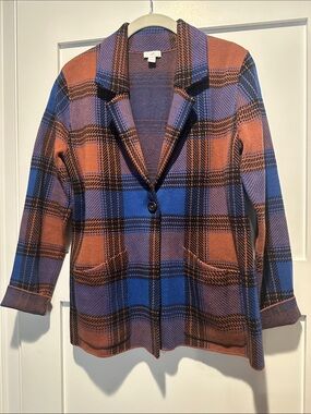 J. Jill Plaid Knit Blazer in Blue Black, and Burnt Orange , Size Small